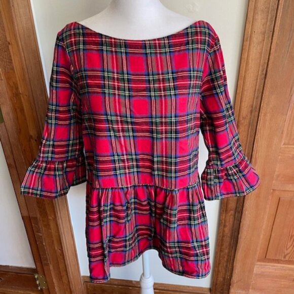 HALEY AND THE HOUND Red Plaid Flannel Peplum Ruffle Top with Gold Back Buttons M - Picture 7 of 15